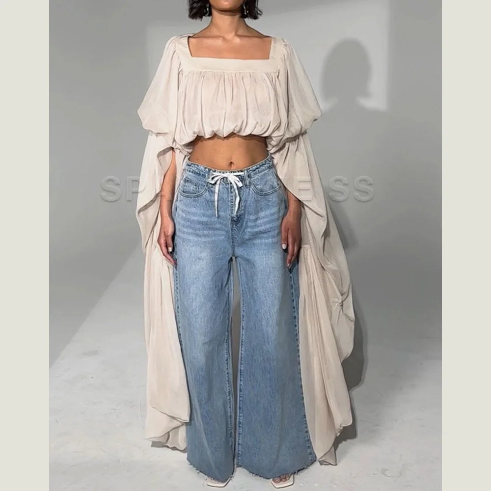 Women Chiffon Crop Top, Puff Long Sleeve Blouse, Square Neck Backless Tie Sheer Shirt for Party Nightclub