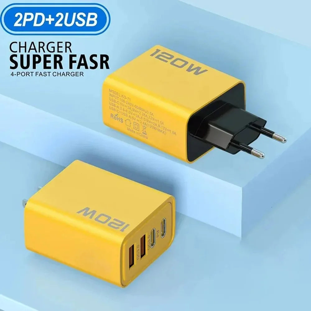 4 Ports USB C PD Charger Quick Charge 3.0 Type C USB Phone Chargers Fast Charging Adapter For iPhone 16 15 Samsung Xiaomi Huawei