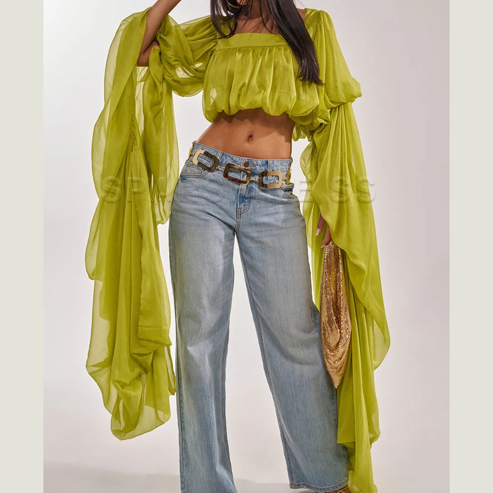 Women Chiffon Crop Top, Puff Long Sleeve Blouse, Square Neck Backless Tie Sheer Shirt for Party Nightclub