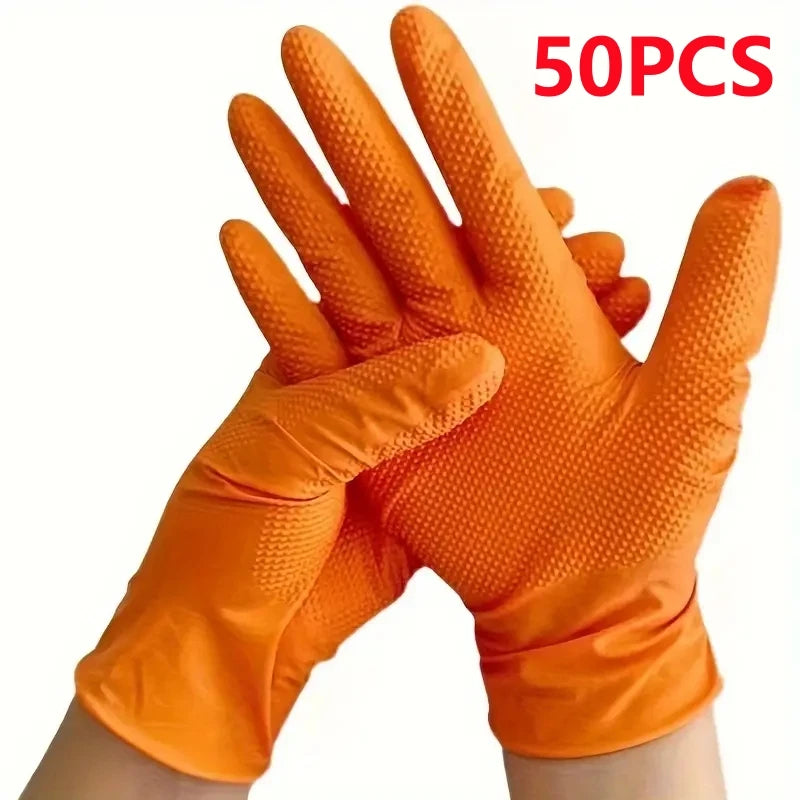 10/50PCS Heavy Duty Orange Industrial Nitrile Gloves Disposable 8mil Raised Diamond Texture Gloves Mechanic Tattoo Safety Gloves