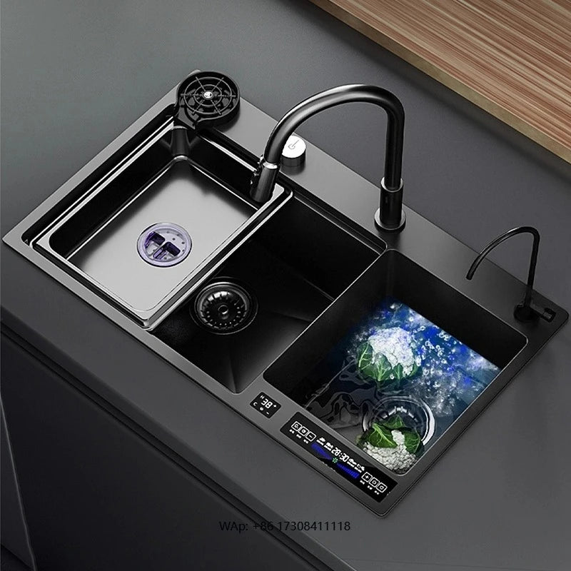Stainless Steel Water Catalyst Sinks Multifunctional Kitchen Sink Smart Double Slot Cleaning Purification Sterilized Fruit