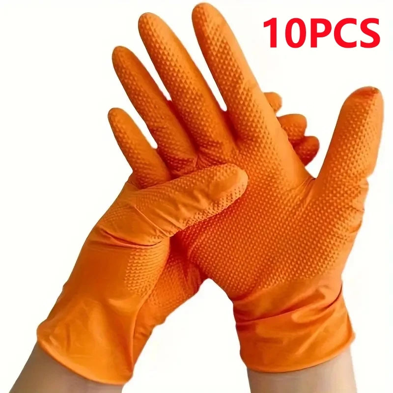 10/50PCS Heavy Duty Orange Industrial Nitrile Gloves Disposable 8mil Raised Diamond Texture Gloves Mechanic Tattoo Safety Gloves